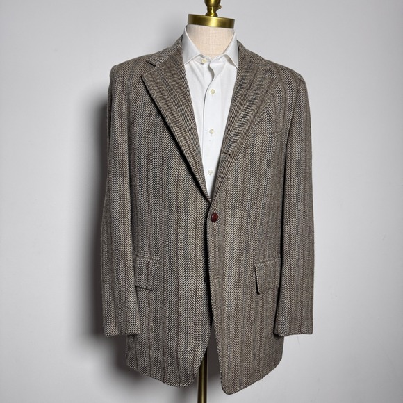 1970s Custom Blazer Mens 40R Brown Herringbone Wool Vintage 2-Button Jacket